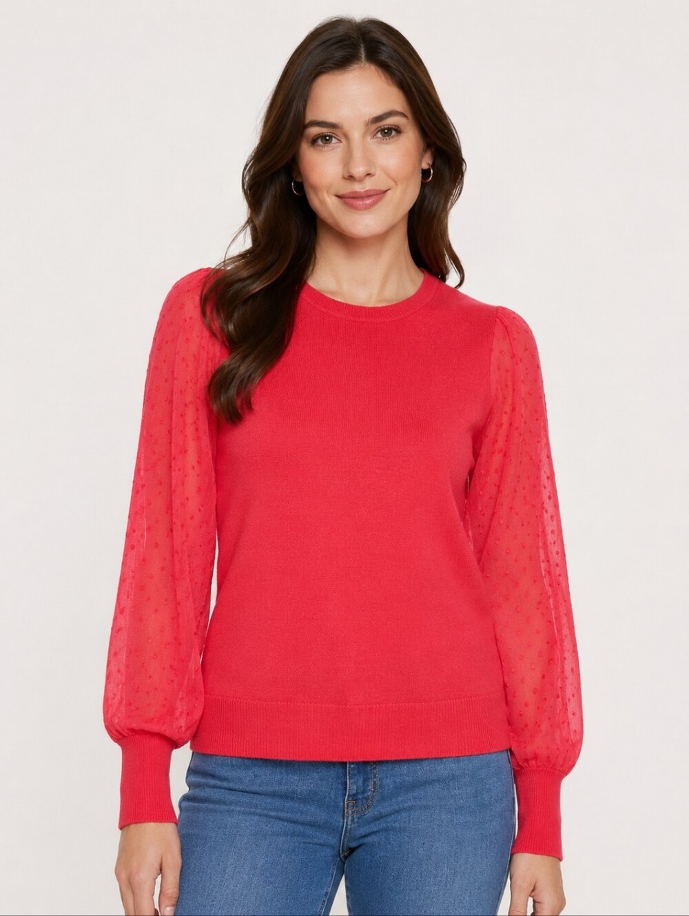 ❤️ NWOT! CALVIN KLEIN MIXED MEDIA PINK SWEATER TOP WITH SWISS DOT SLEEVES, M
